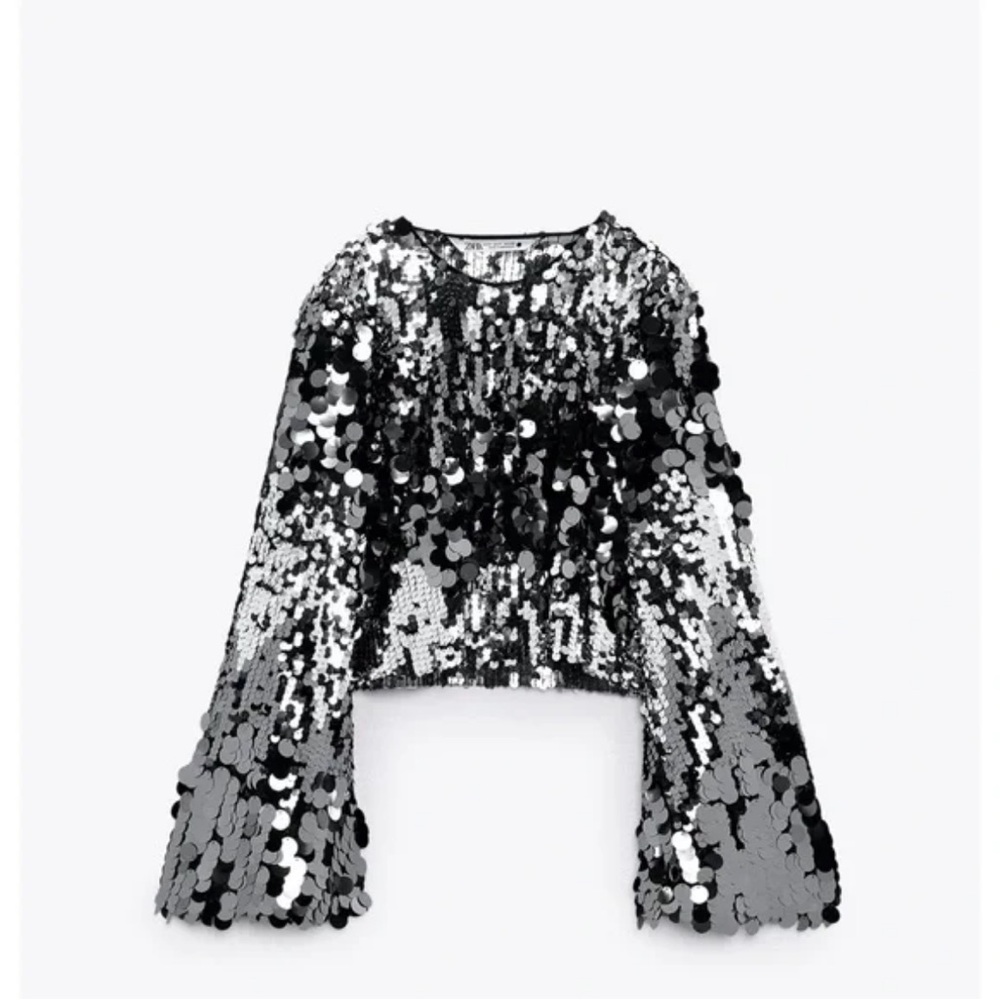 Zara Silver Oversized Sequin Long Sleeve Blouse
